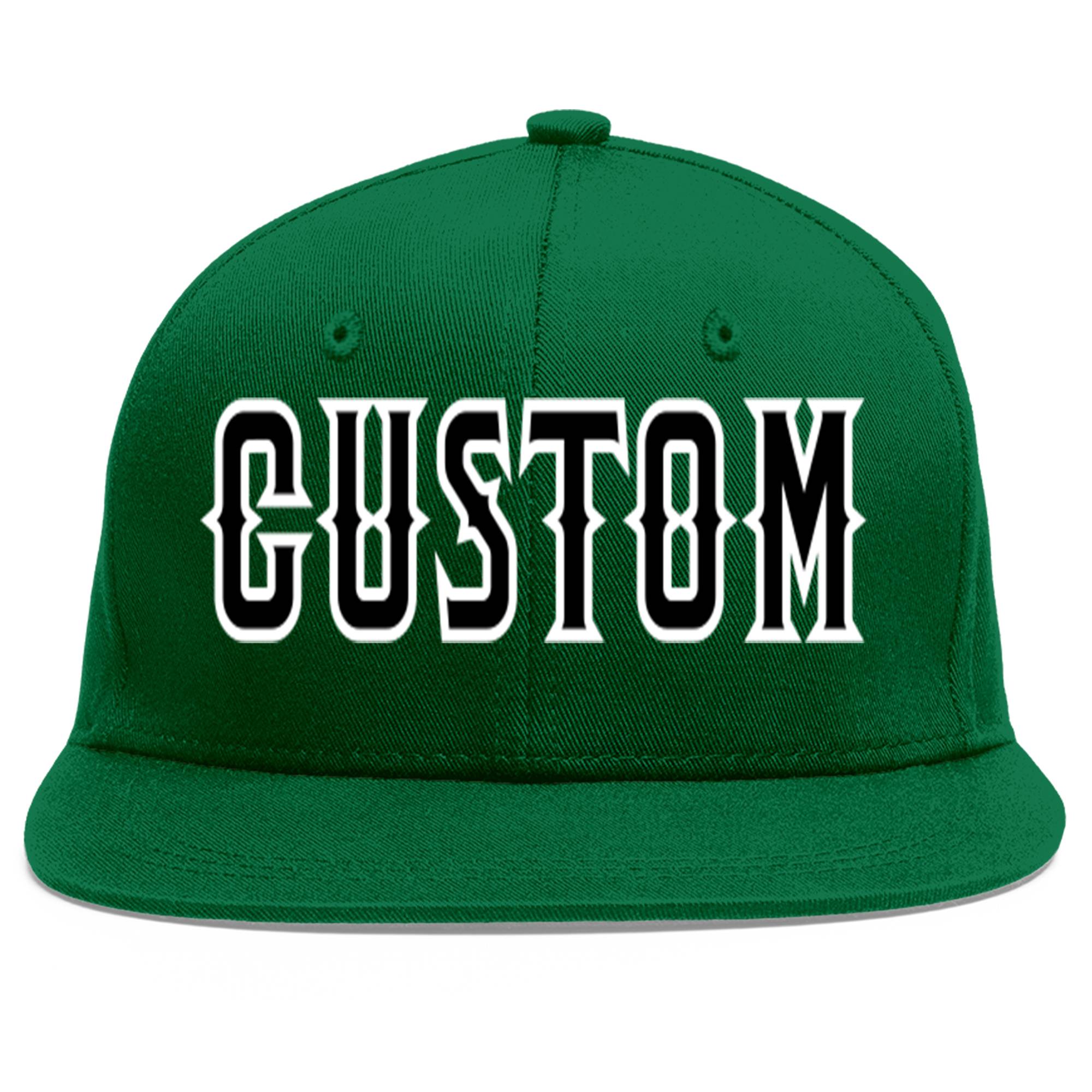 Custom Green Black-White Flat Eaves Sport Baseball Cap