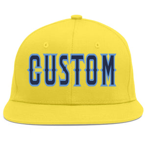 Custom Light Gold Navy-Light Blue Flat Eaves Sport Baseball Cap