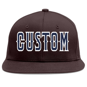 Custom Brown Navy-White Flat Eaves Sport Baseball Cap