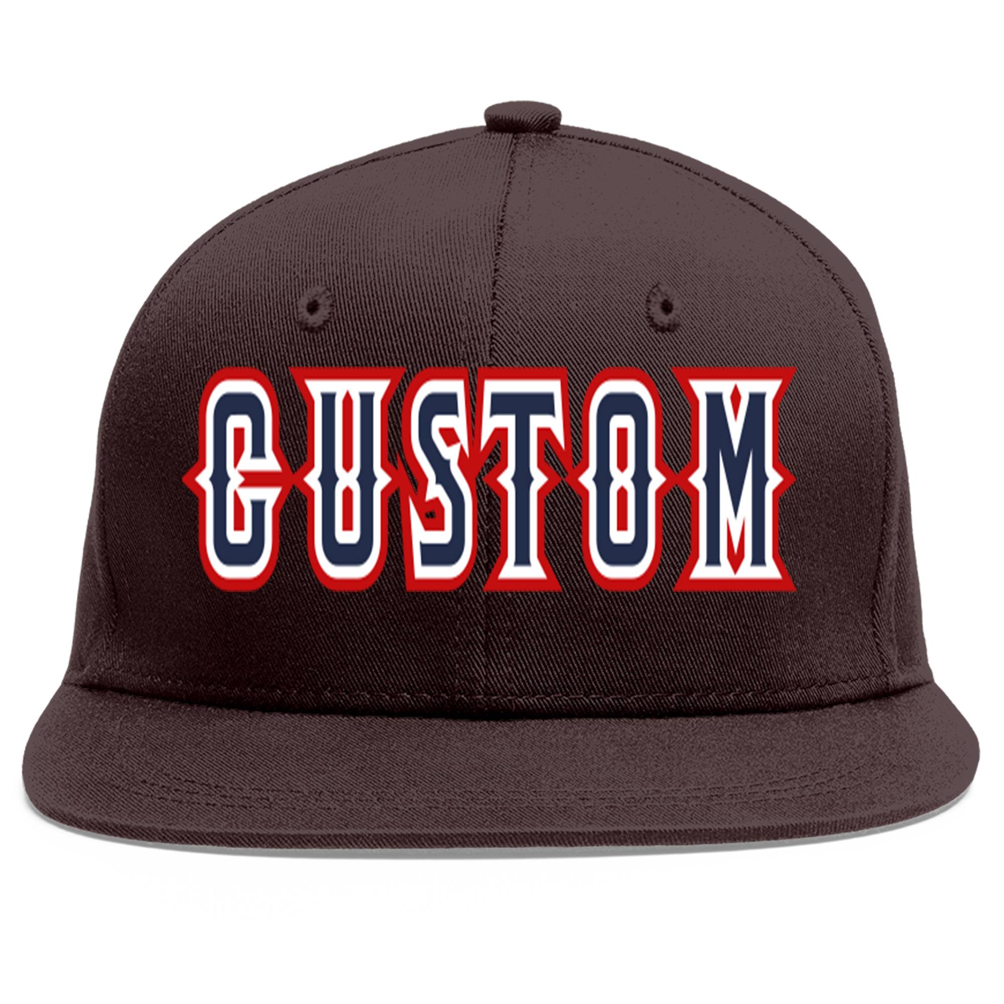 Custom Brown Navy-White Flat Eaves Sport Baseball Cap