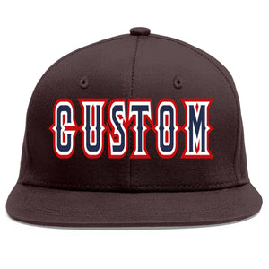 Custom Brown Navy-White Flat Eaves Sport Baseball Cap