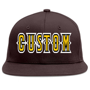 Custom Brown Gold-Black Flat Eaves Sport Baseball Cap