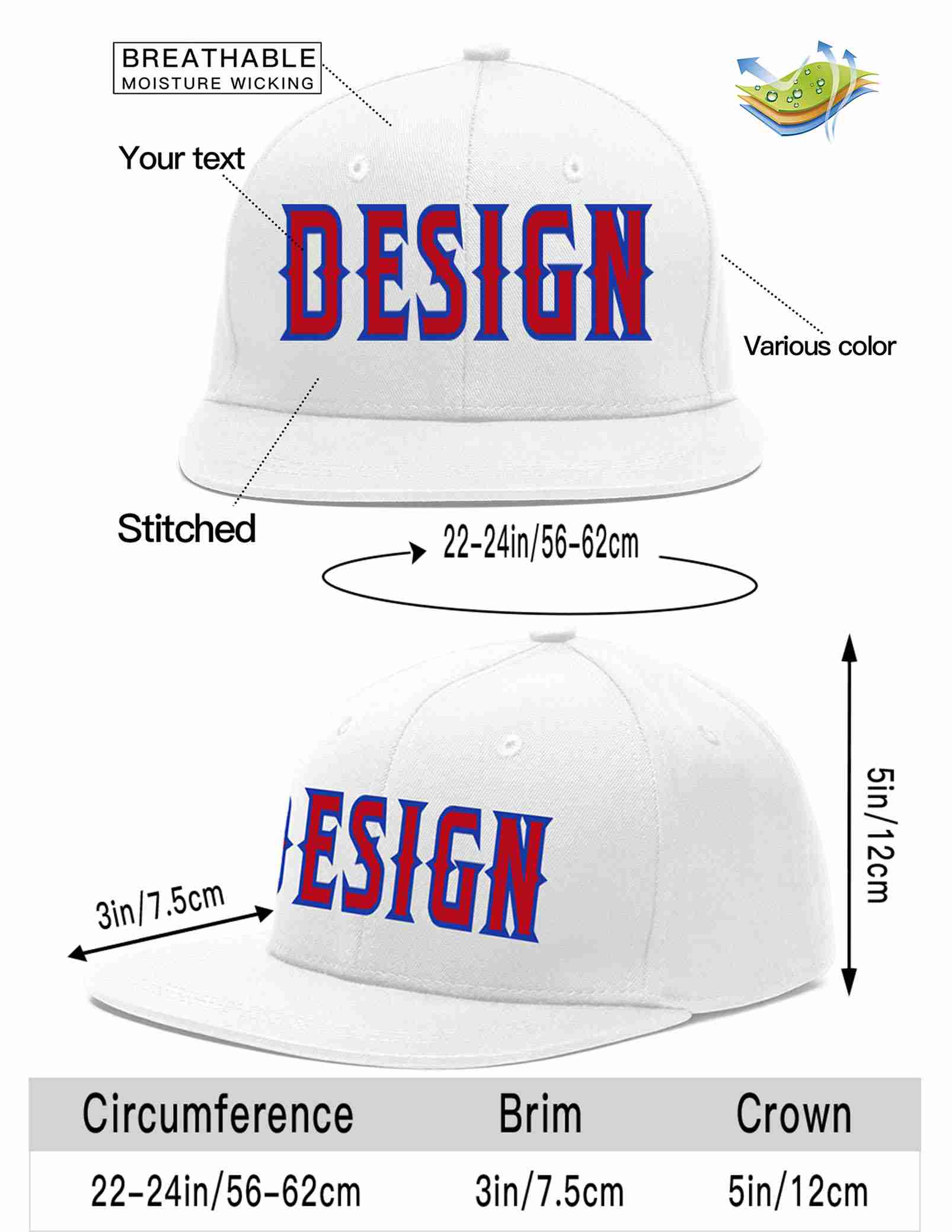 Custom White Red-Royal Flat Eaves Sport Baseball Cap Design for Men/Women/Youth