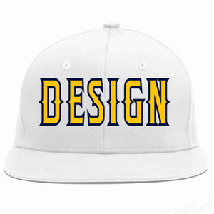 Custom White Gold-Navy Flat Eaves Sport Baseball Cap Design for Men/Women/Youth