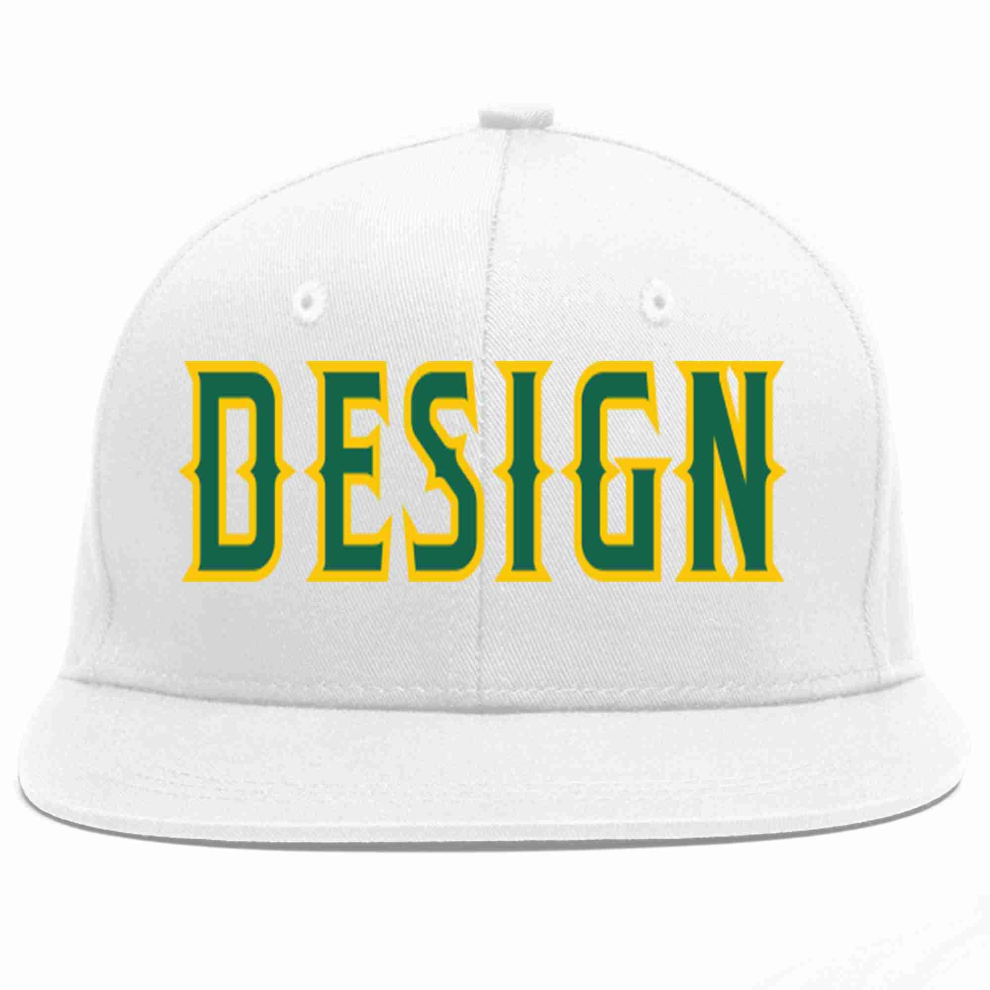 Custom White Kelly Green-Gold Flat Eaves Sport Baseball Cap Design for Men/Women/Youth