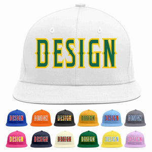 Custom White Kelly Green-Gold Flat Eaves Sport Baseball Cap Design for Men/Women/Youth