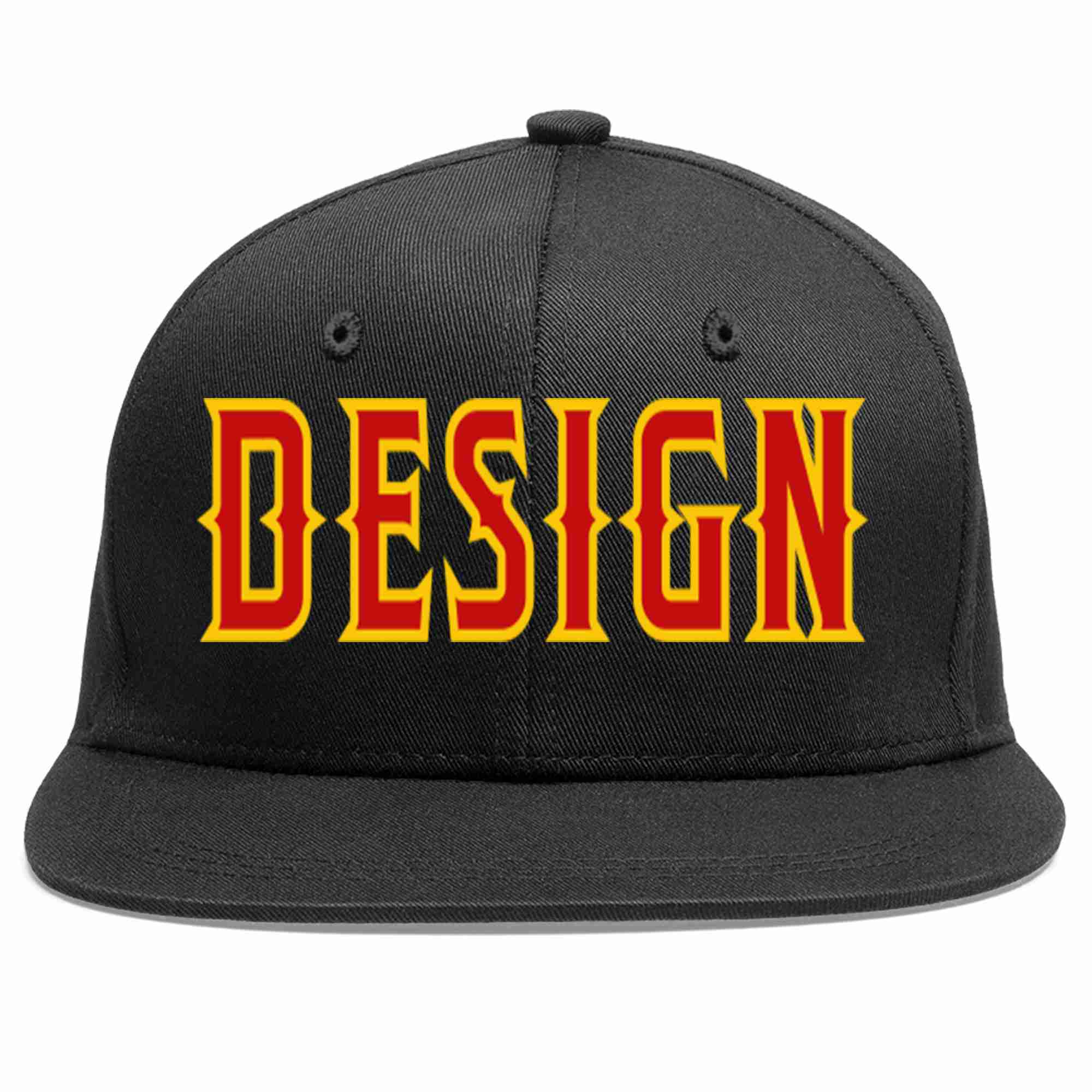 Conception personnalisée de casquette de baseball de sport à avant-toit plat noir rouge-jaune pour hommes/femmes/jeunes