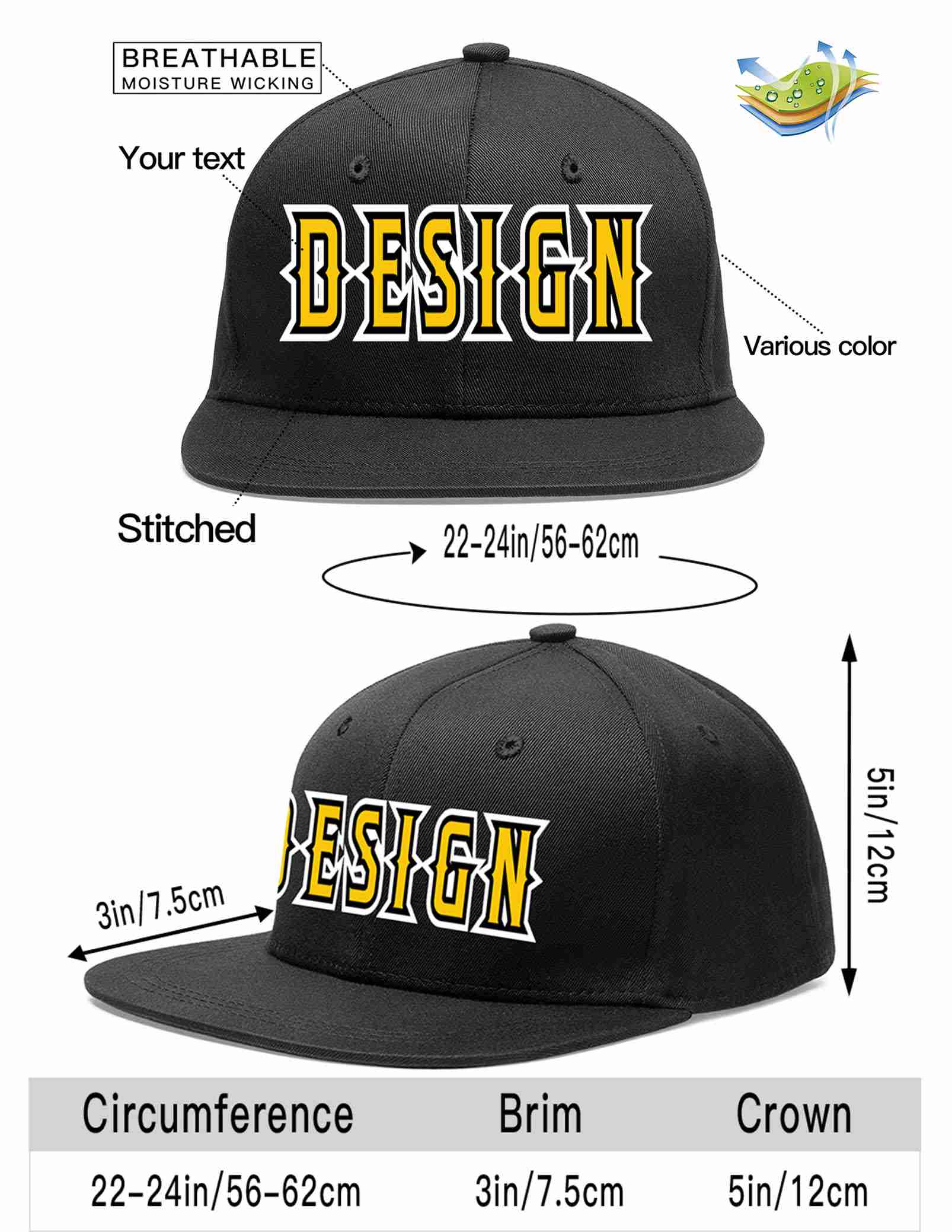 Custom Black Gold-Black Flat Eaves Sport Baseball Cap Design for Men/Women/Youth