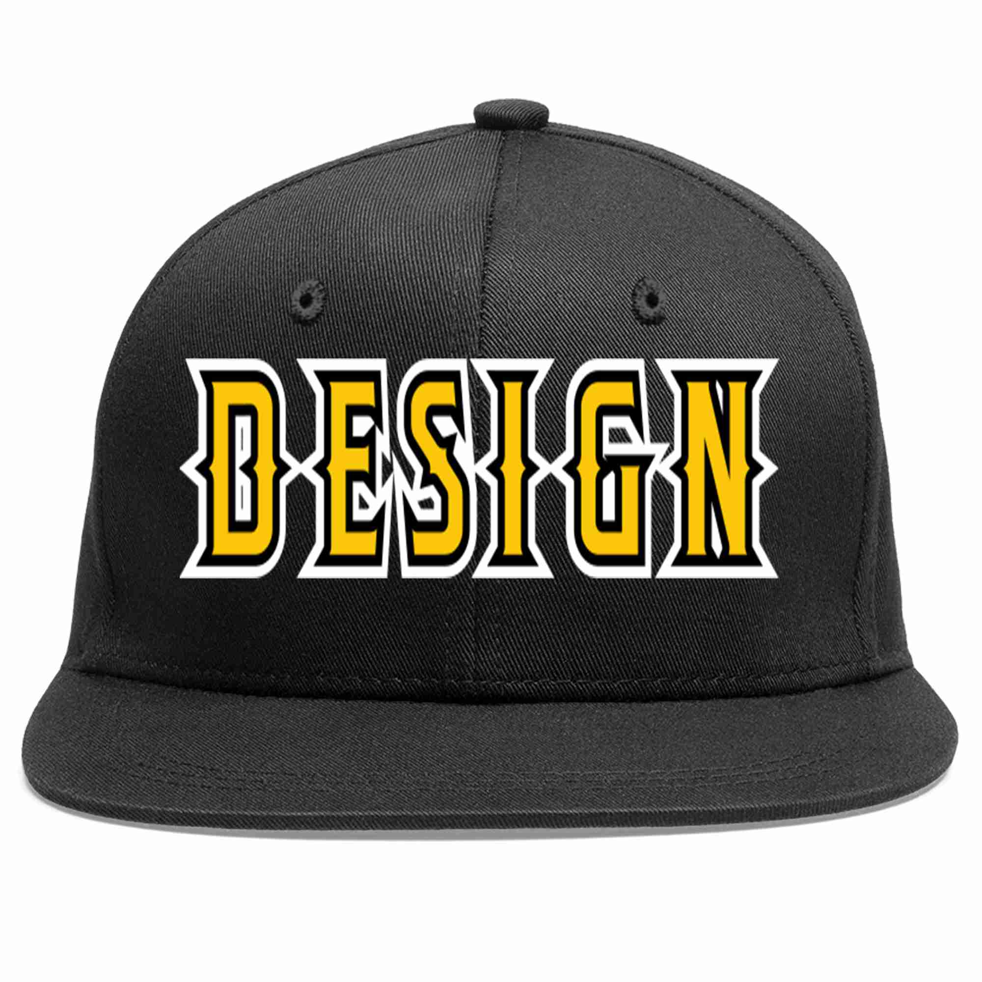 Custom Black Gold-Black Flat Eaves Sport Baseball Cap Design for Men/Women/Youth