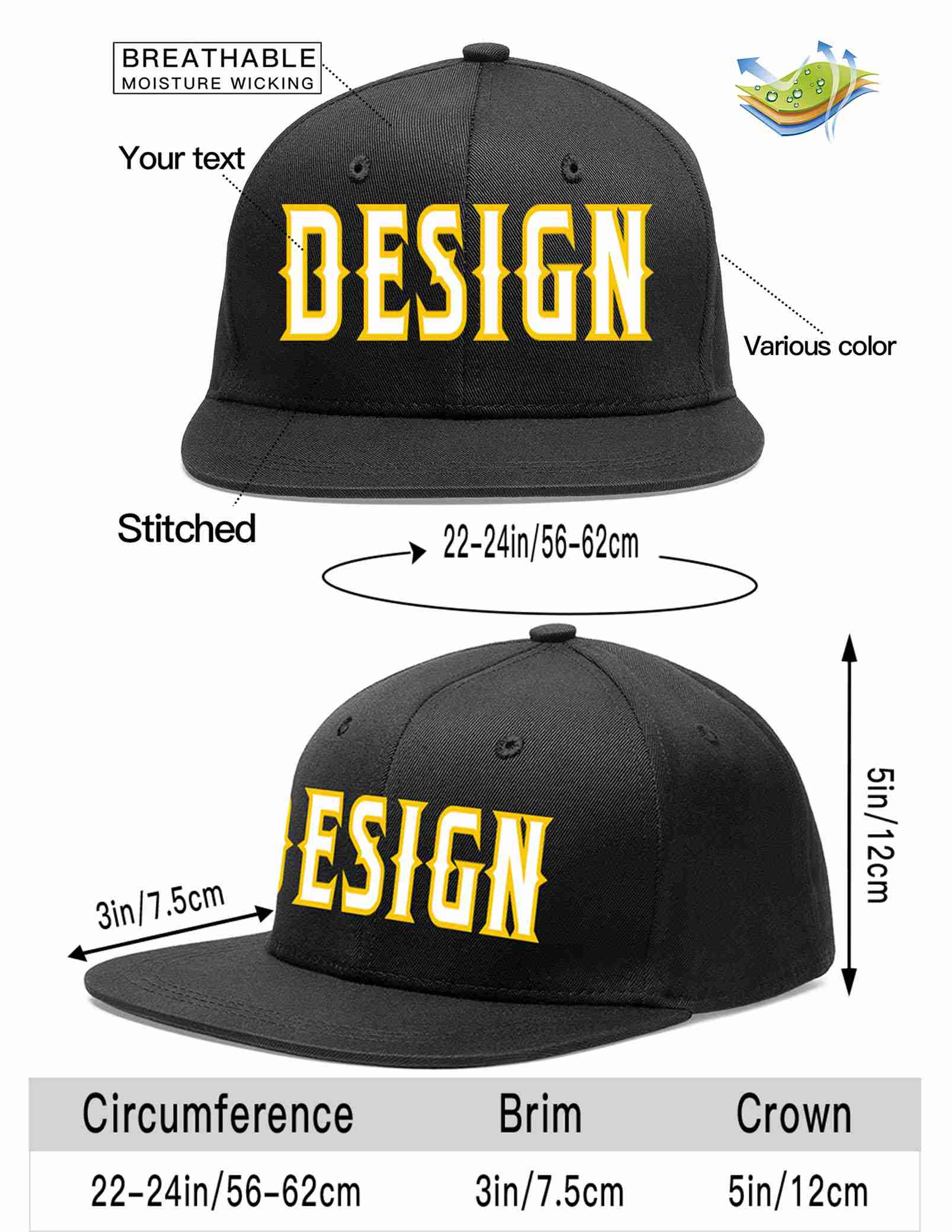 Custom Black White-Gold Flat Eaves Sport Baseball Cap Design for Men/Women/Youth