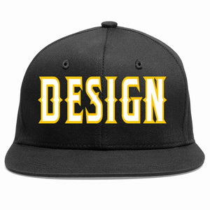 Custom Black White-Gold Flat Eaves Sport Baseball Cap Design for Men/Women/Youth