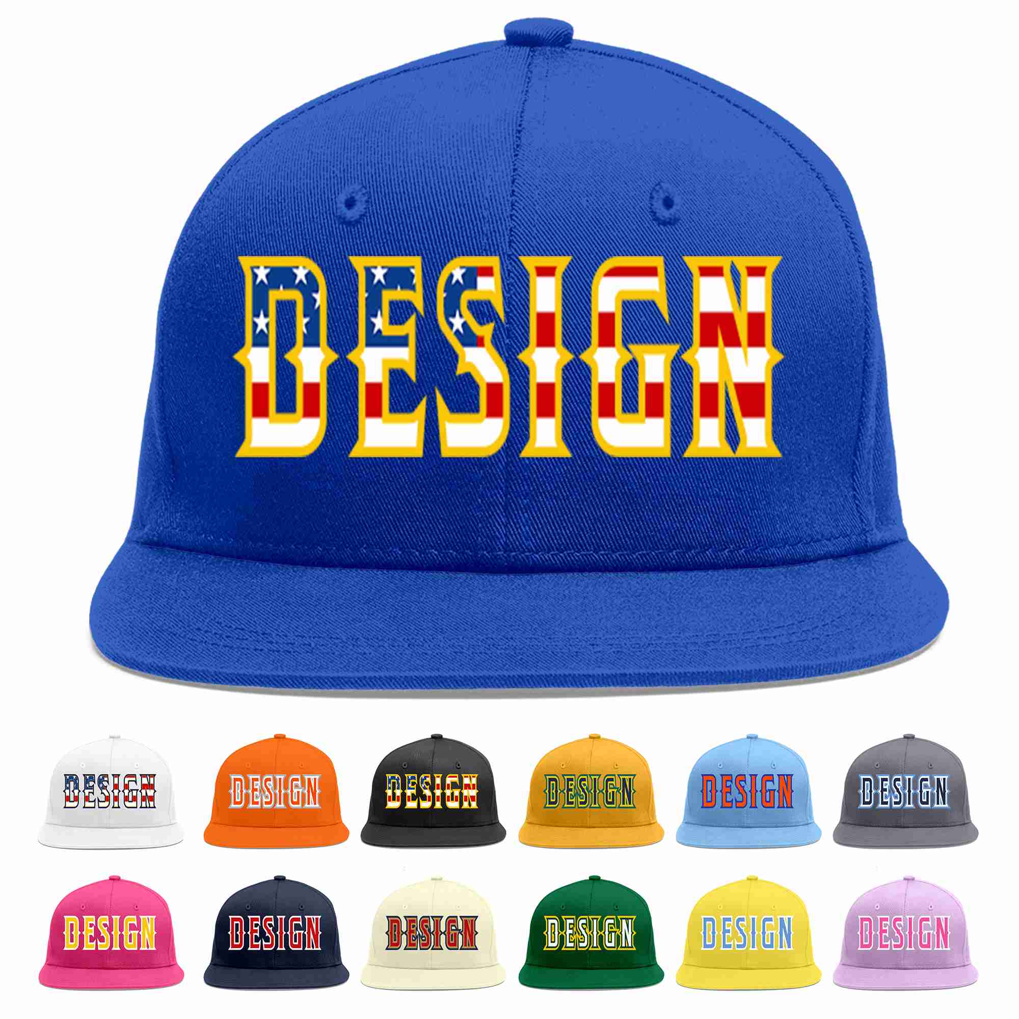 Custom Royal USA-Gold Flat Eaves Sport Baseball Cap Design for Men/Women/Youth