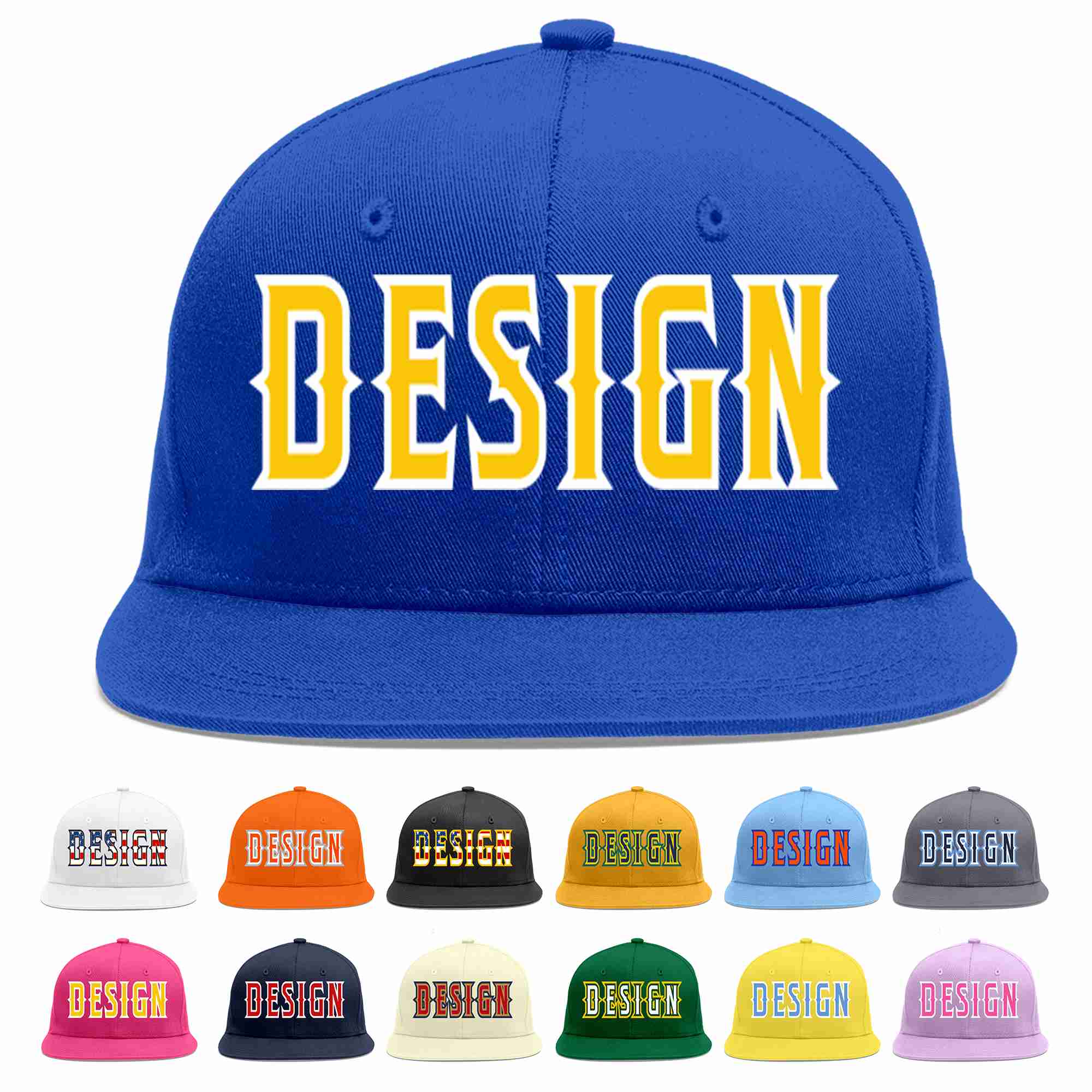 Custom Royal Gold-White Flat Eaves Sport Baseball Cap Design for Men/Women/Youth