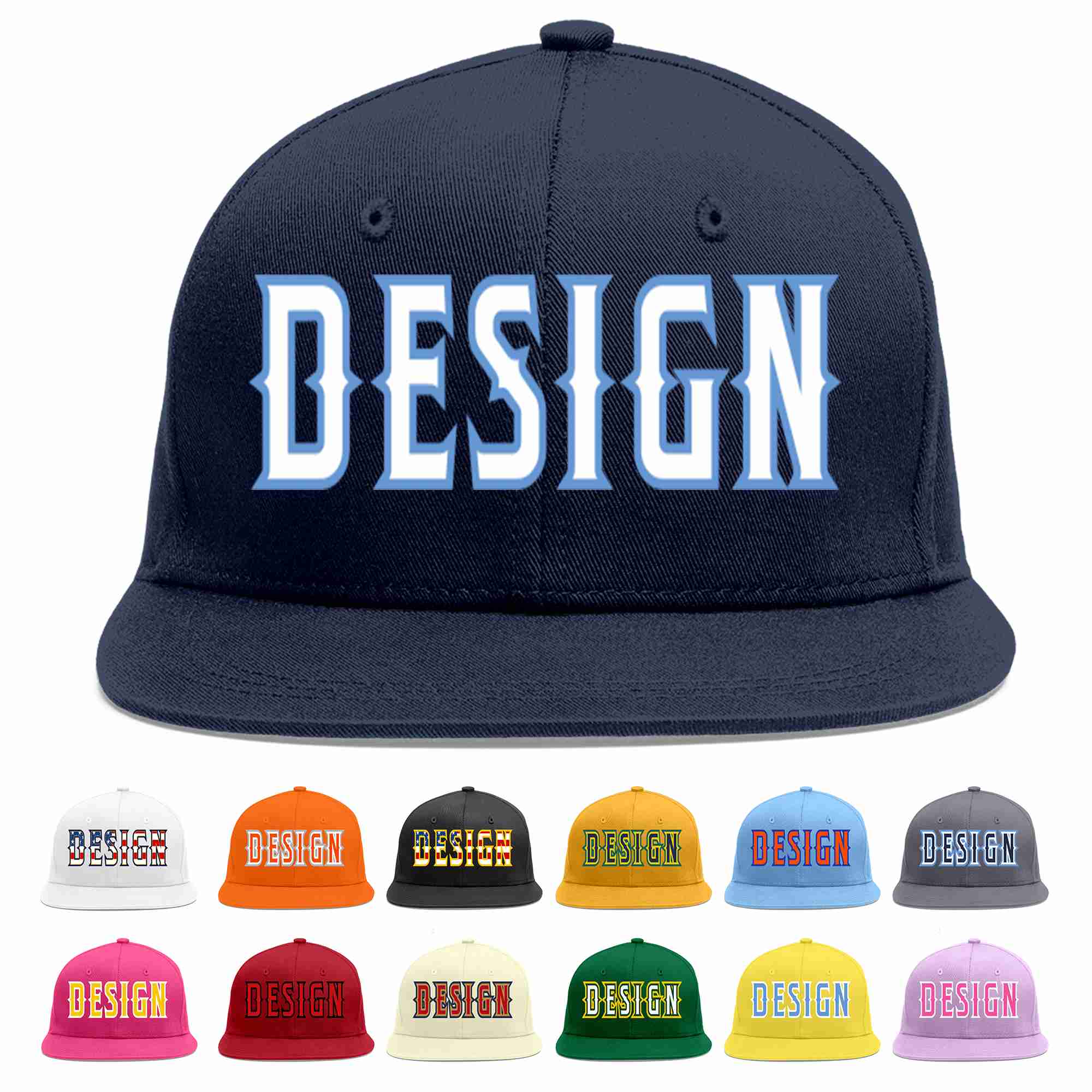 Custom Navy White-Light Blue Flat Eaves Sport Baseball Cap Design for Men/Women/Youth