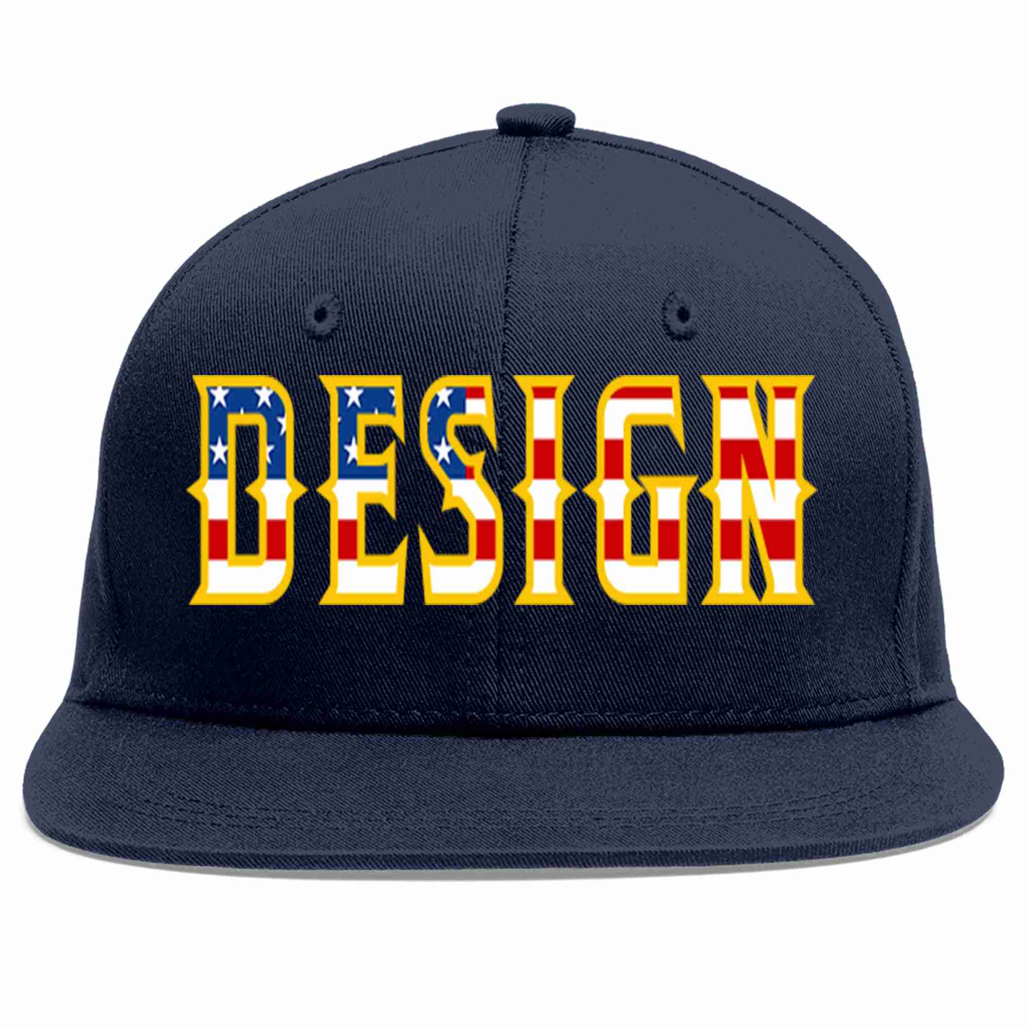 Custom Navy Vintage USA Flag-Gold Flat Eaves Sport Baseball Cap Design for Men/Women/Youth