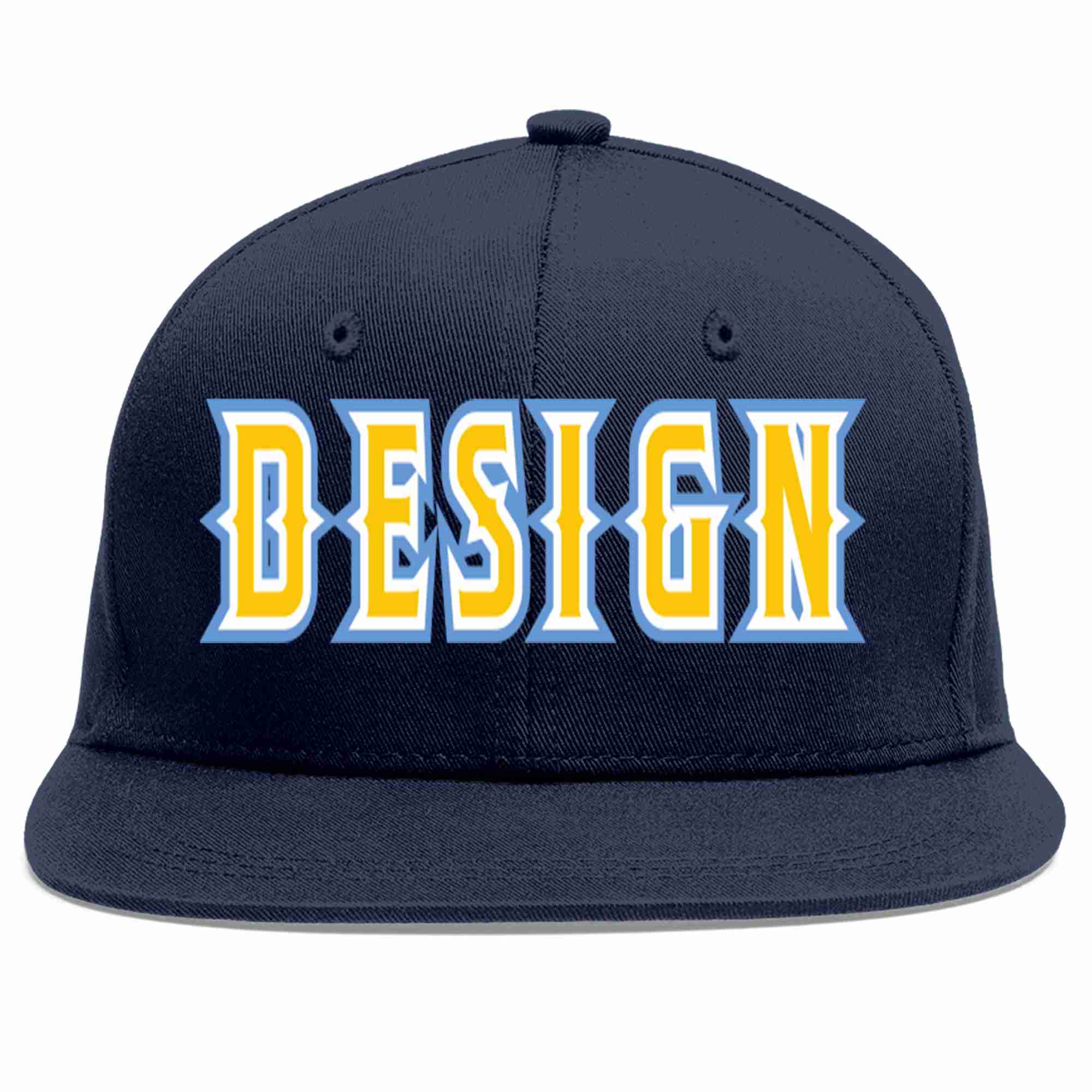 Conception personnalisée de casquette de baseball de sport à avant-toit plat bleu marine or-blanc pour hommes/femmes/jeunes