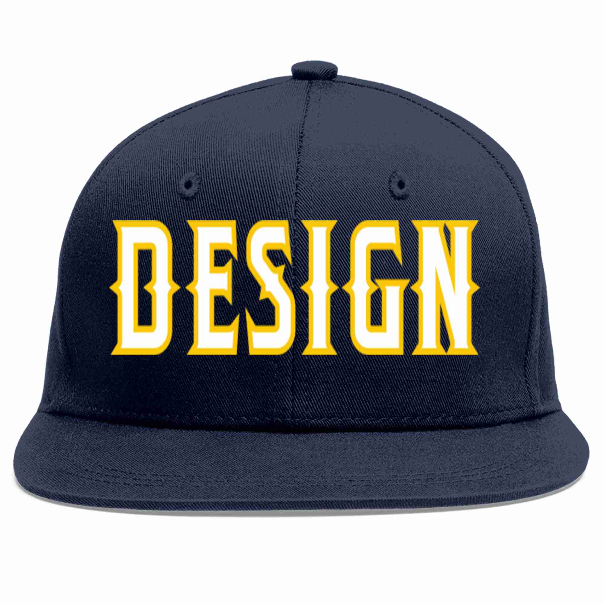 Custom Navy White-Gold Flat Eaves Sport Baseball Cap Design for Men/Women/Youth