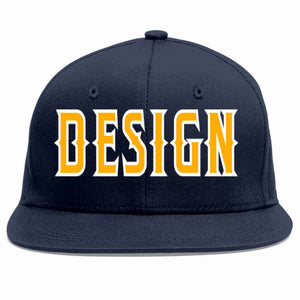 Custom Navy Yellow-White Flat Eaves Sport Baseball Cap Design for Men/Women/Youth