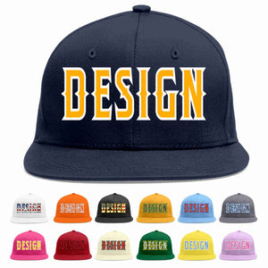 Custom Navy Yellow-White Flat Eaves Sport Baseball Cap Design for Men/Women/Youth