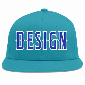 Custom Aqua Royal-White Flat Eaves Sport Baseball Cap Design for Men/Women/Youth