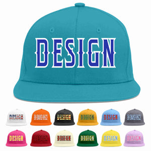 Custom Aqua Royal-White Flat Eaves Sport Baseball Cap Design for Men/Women/Youth