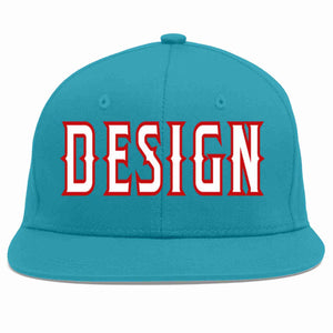 Custom Aqua White-Red Flat Eaves Sport Baseball Cap Design for Men/Women/Youth