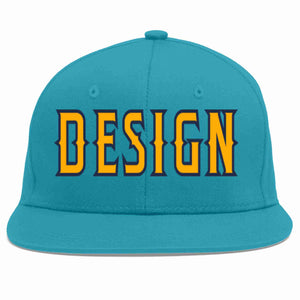 Custom Aqua Yellow-Navy Flat Eaves Sport Baseball Cap Design for Men/Women/Youth