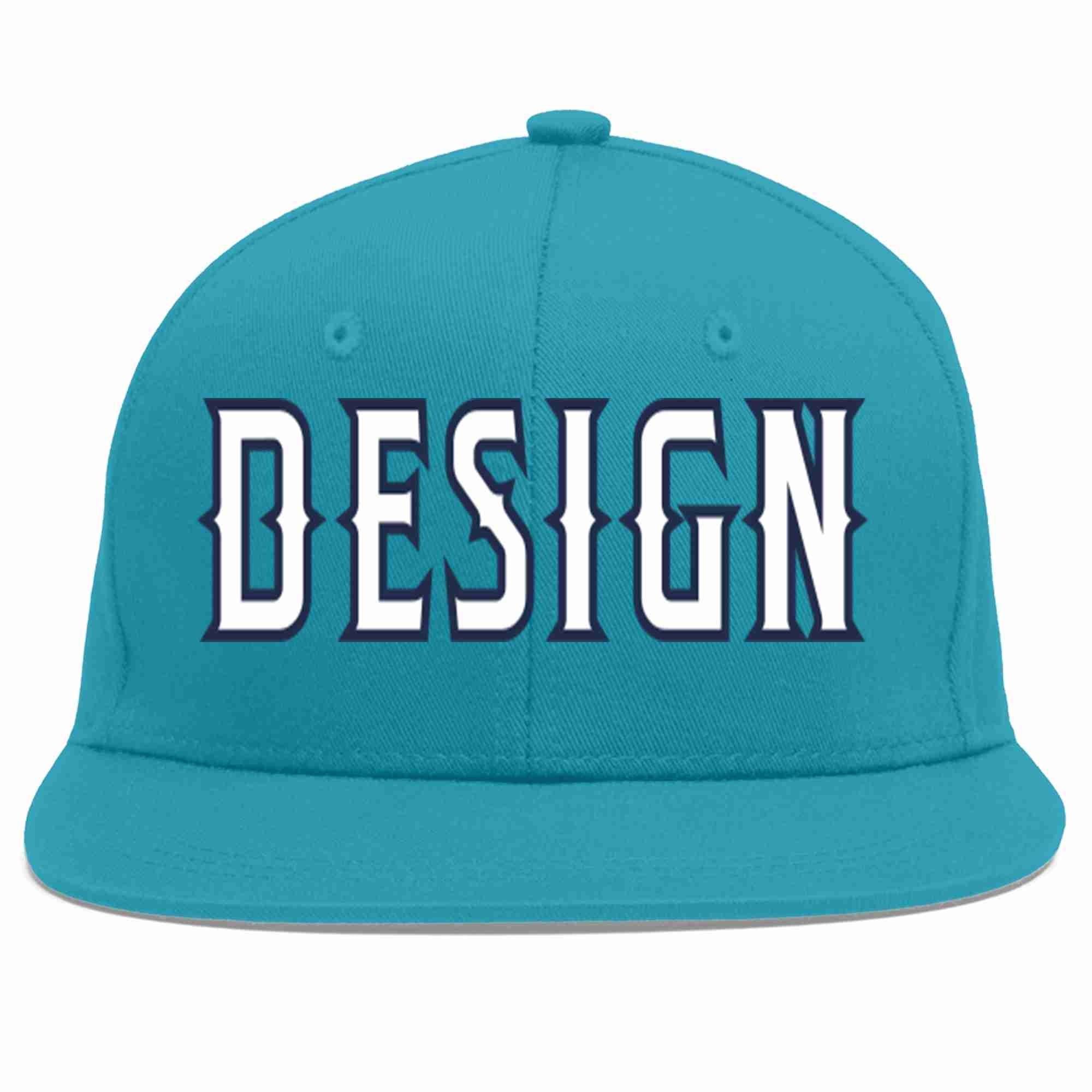 Custom Aqua White-Navy Flat Eaves Sport Baseball Cap Design for Men/Women/Youth