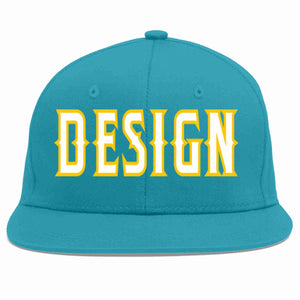 Custom Aqua White-Gold Flat Eaves Sport Baseball Cap Design for Men/Women/Youth