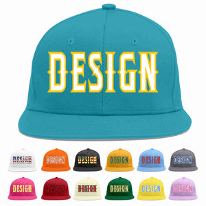 Custom Aqua White-Gold Flat Eaves Sport Baseball Cap Design for Men/Women/Youth