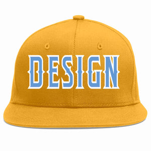 Custom Gold Light Blue-White Flat Eaves Sport Baseball Cap Design for Men/Women/Youth