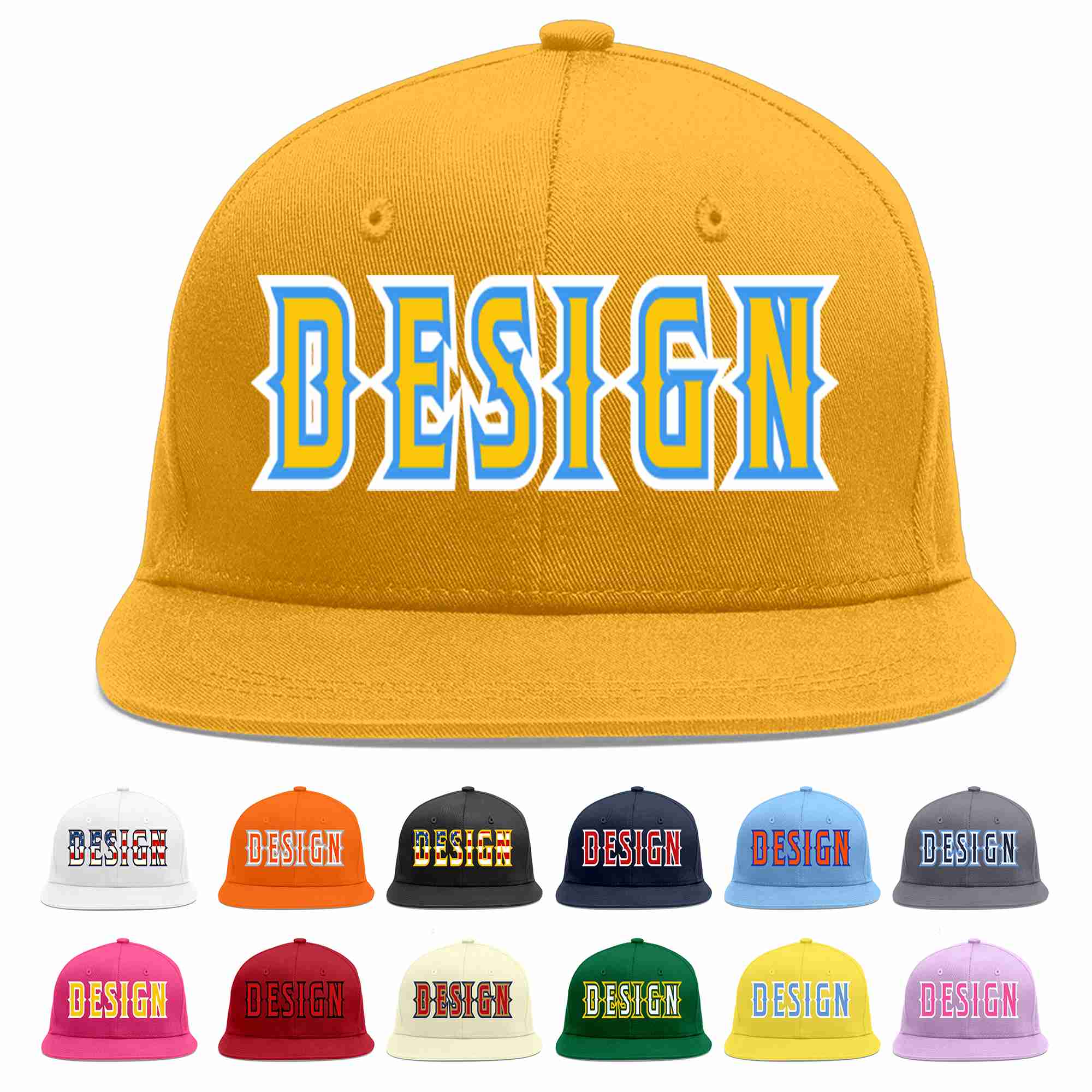 Custom Gold Gold-Powder Blue Flat Eaves Sport Baseball Cap Design for Men/Women/Youth