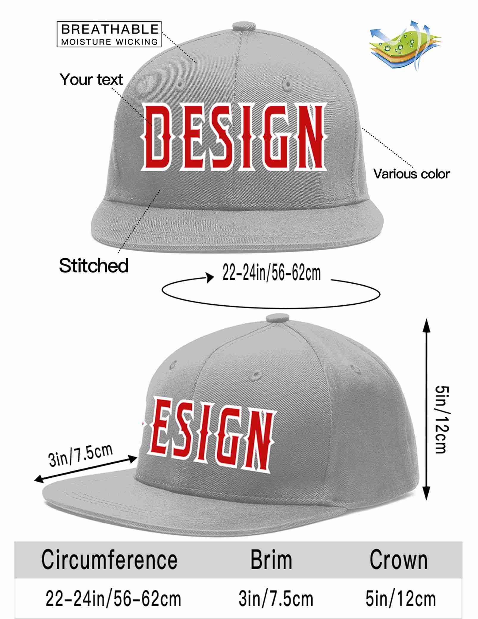 Custom Gray Red-White Flat Eaves Sport Baseball Cap Design for Men/Women/Youth