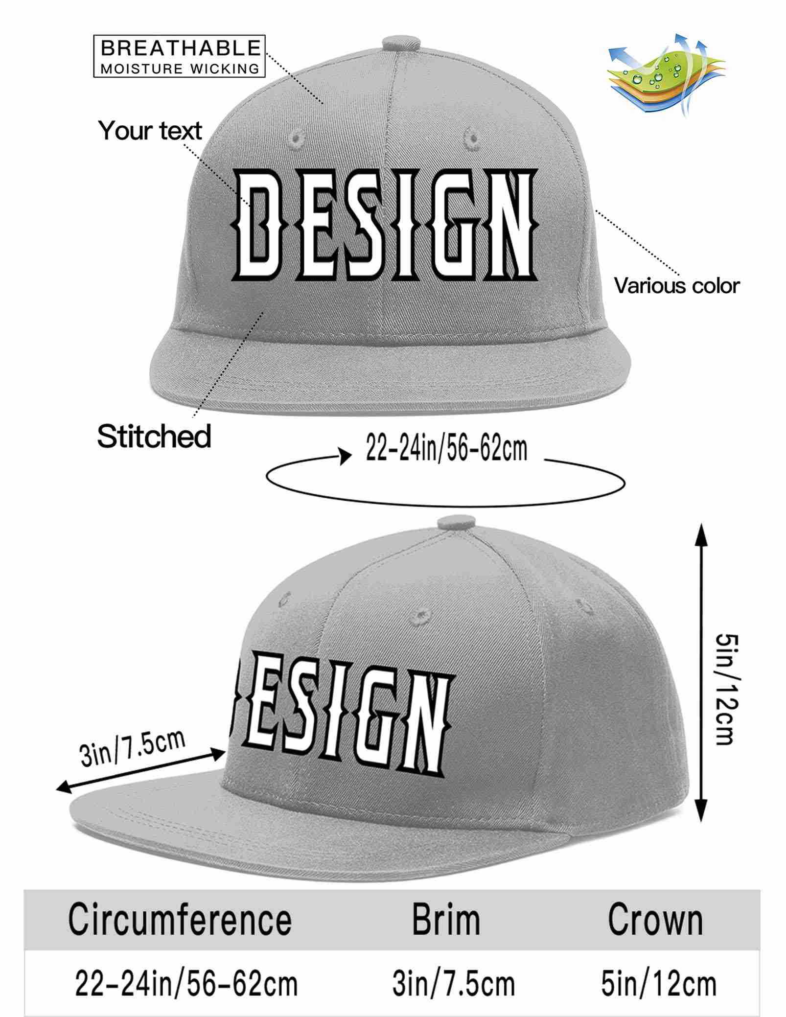 Custom Gray White-Black Flat Eaves Sport Baseball Cap Design for Men/Women/Youth