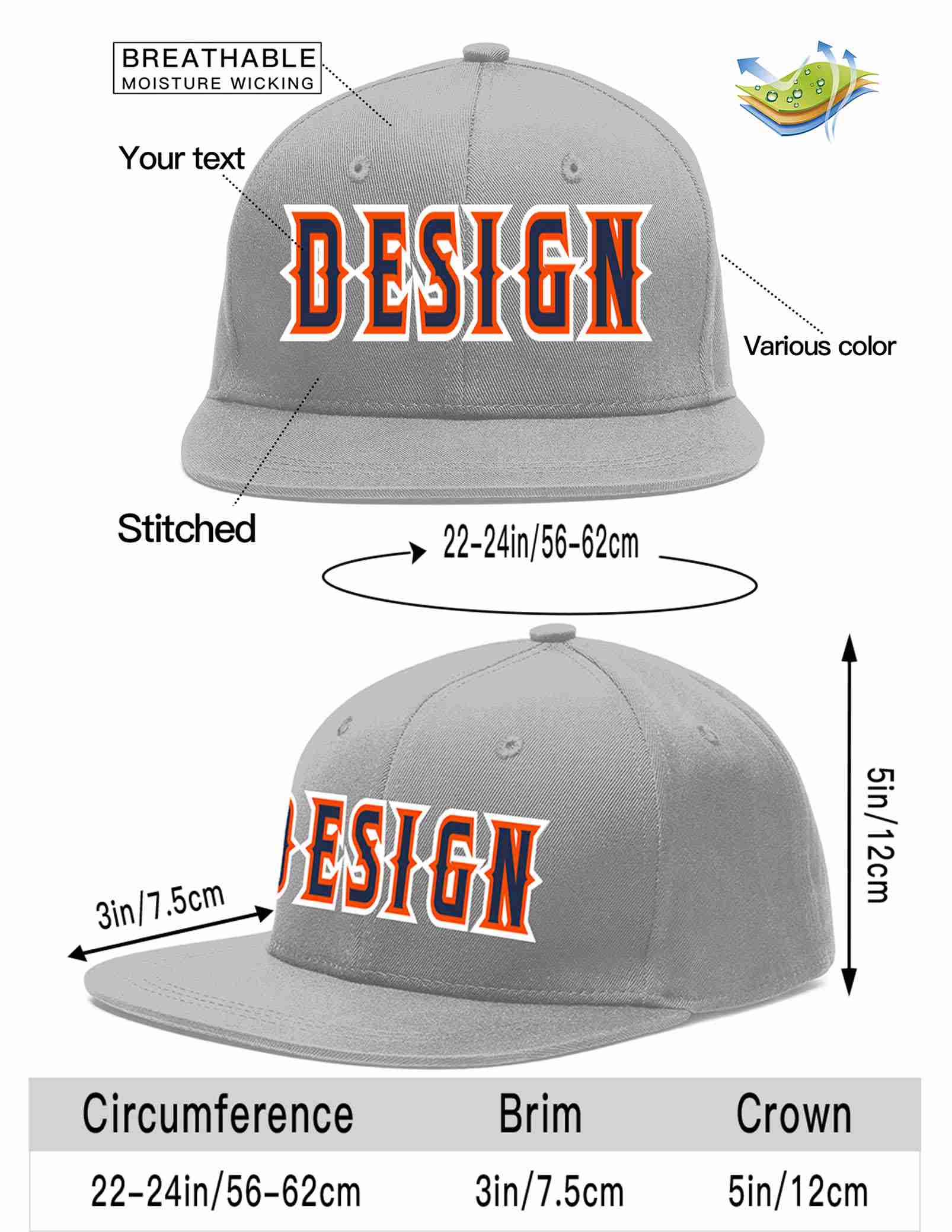 Custom Gray Navy-Orange Flat Eaves Sport Baseball Cap Design for Men/Women/Youth