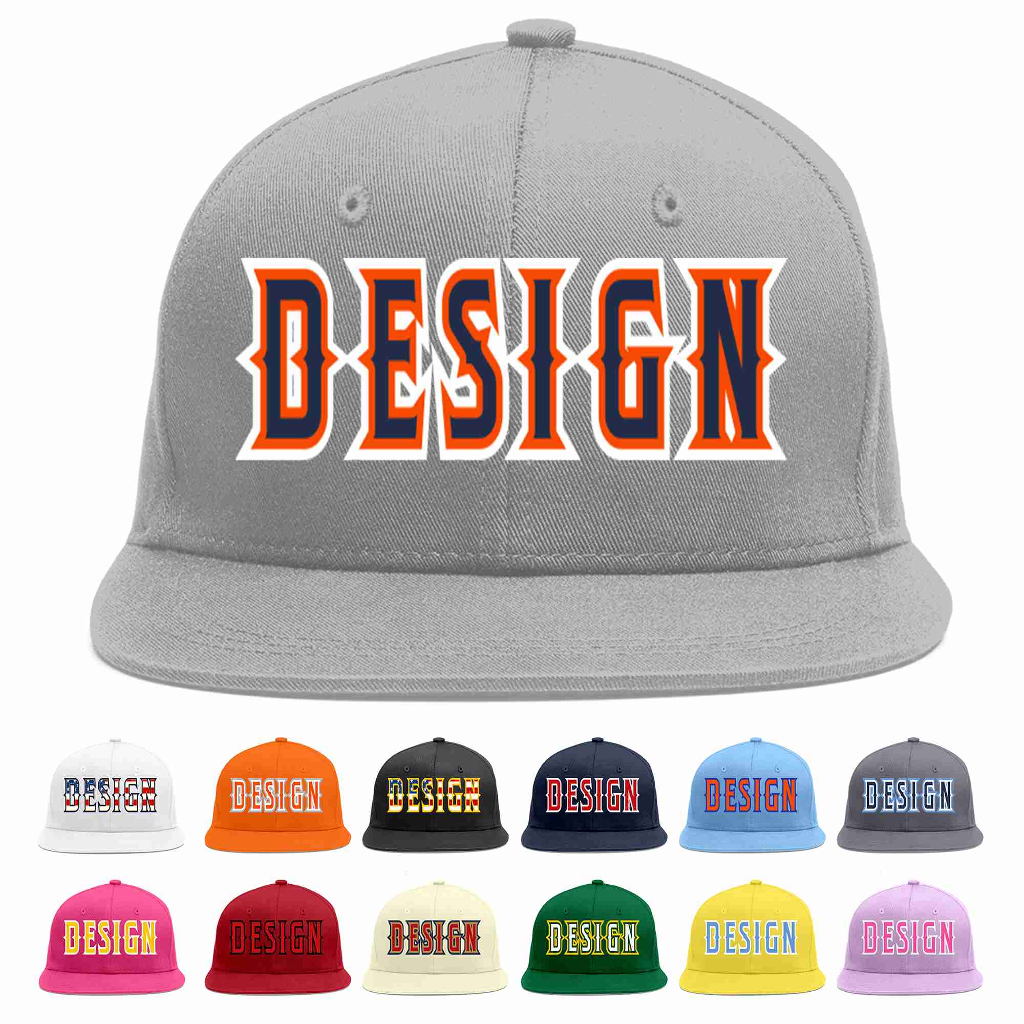 Custom Gray Navy-Orange Flat Eaves Sport Baseball Cap Design for Men/Women/Youth