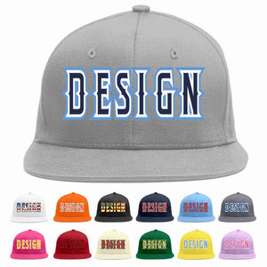 Custom Gray Navy-White Flat Eaves Sport Baseball Cap Design for Men/Women/Youth