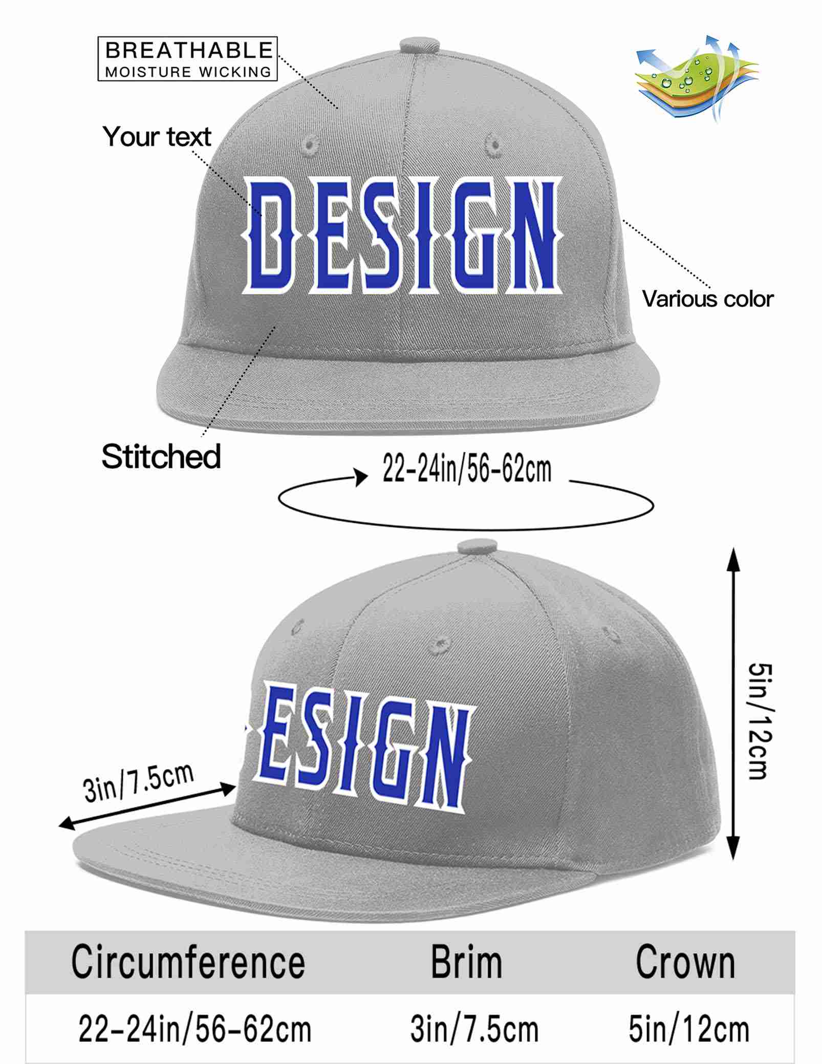 Custom Gray Royal-White Flat Eaves Sport Baseball Cap Design for Men/Women/Youth