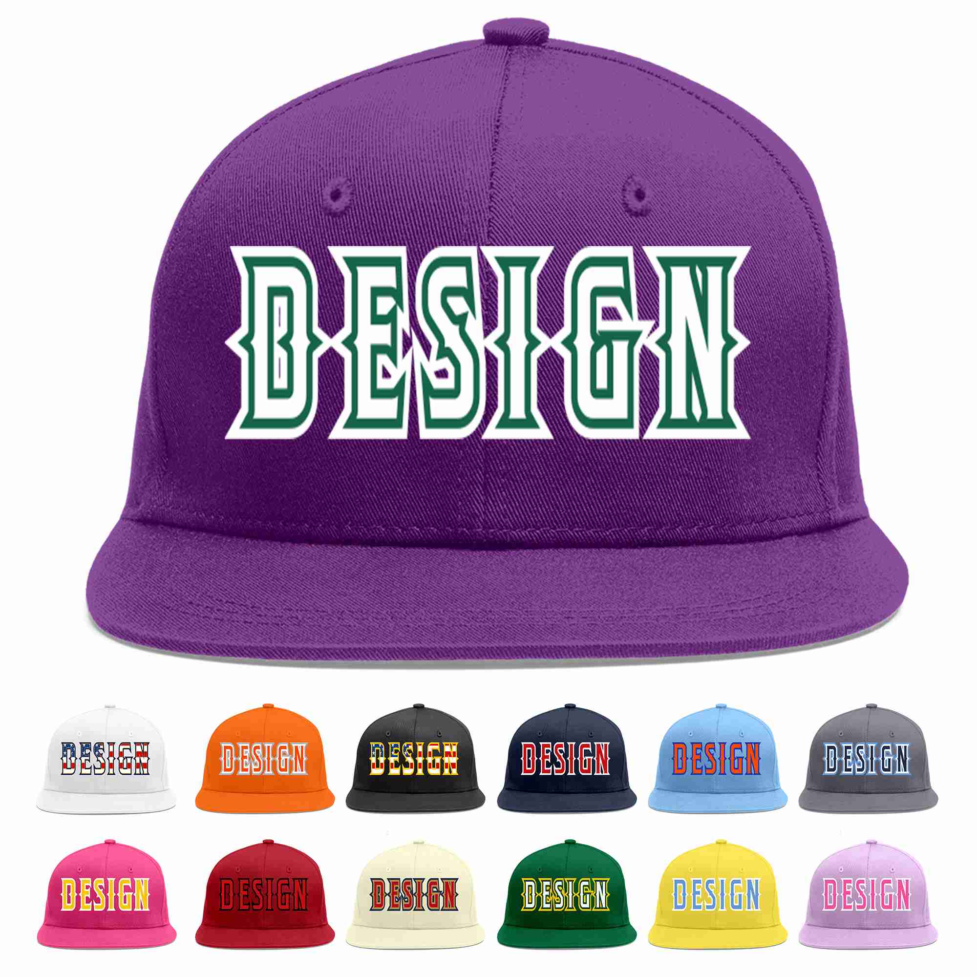 Custom Purple White-Kelly Green Flat Eaves Sport Baseball Cap Design for Men/Women/Youth