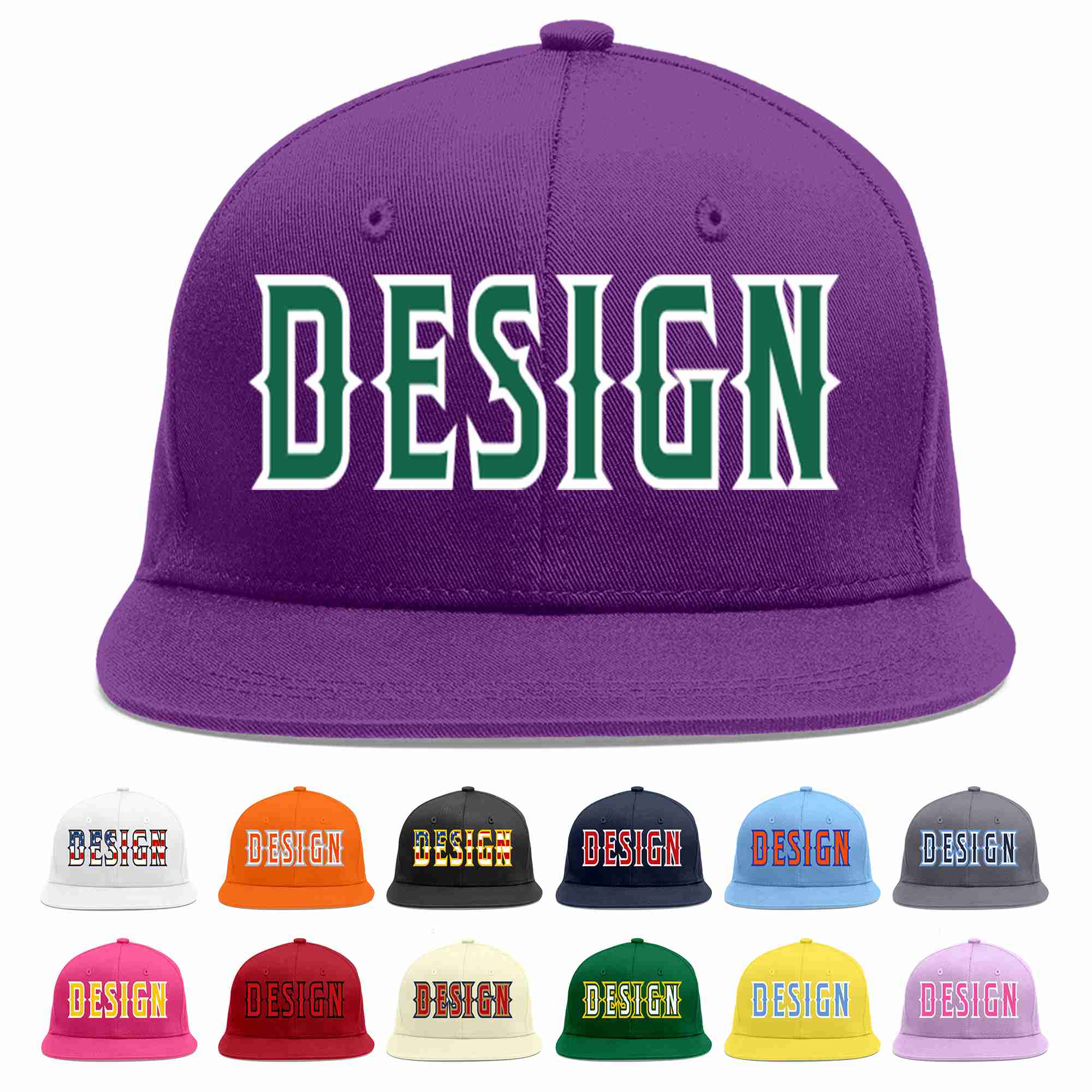 Conception personnalisée de casquette de baseball de sport à avant-toit plat vert-blanc violet Kelly pour hommes/femmes/jeunes