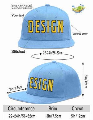 Custom Light Blue Gold-Navy Flat Eaves Sport Baseball Cap Design for Men/Women/Youth