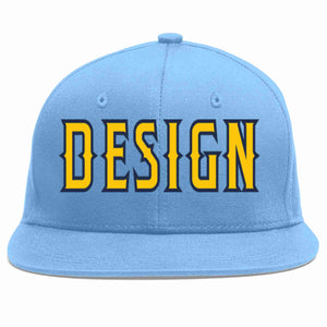 Custom Light Blue Gold-Navy Flat Eaves Sport Baseball Cap Design for Men/Women/Youth