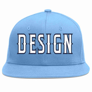 Custom Light Blue White-Navy Flat Eaves Sport Baseball Cap Design for Men/Women/Youth