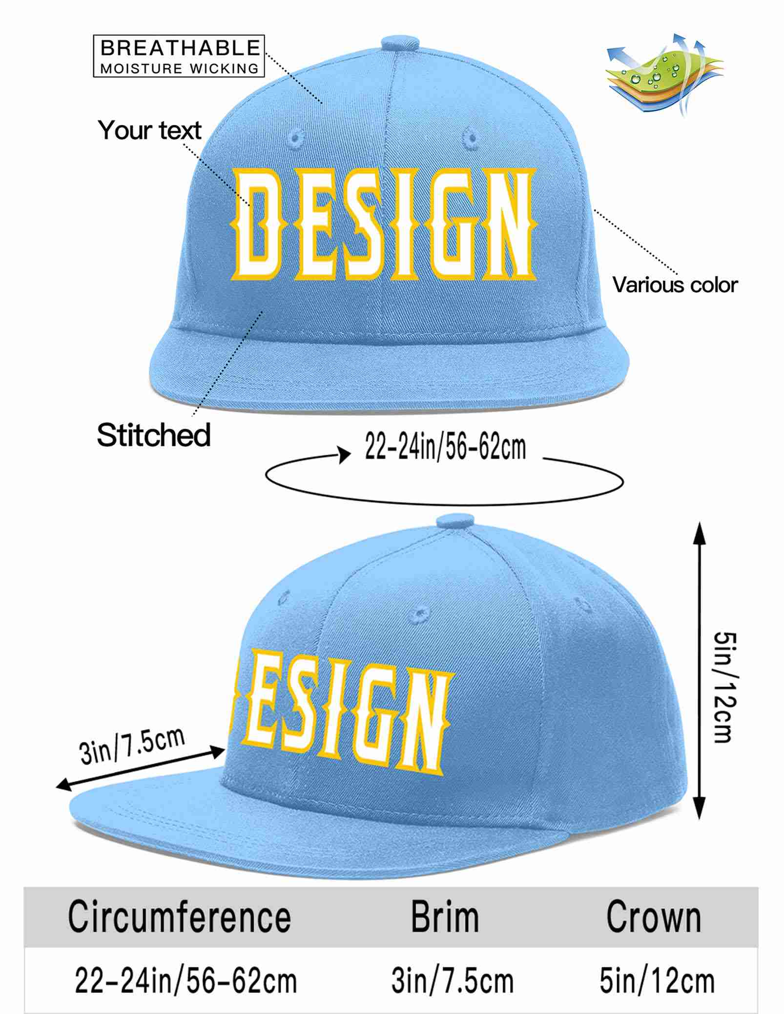 Custom Light Blue White-Gold Flat Eaves Sport Baseball Cap Design for Men/Women/Youth