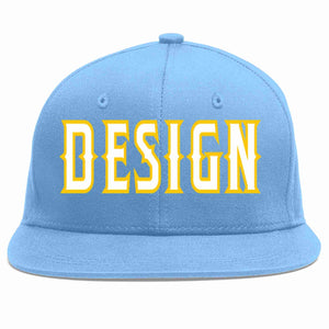 Custom Light Blue White-Gold Flat Eaves Sport Baseball Cap Design for Men/Women/Youth