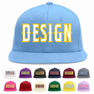 Custom Light Blue White-Gold Flat Eaves Sport Baseball Cap Design for Men/Women/Youth