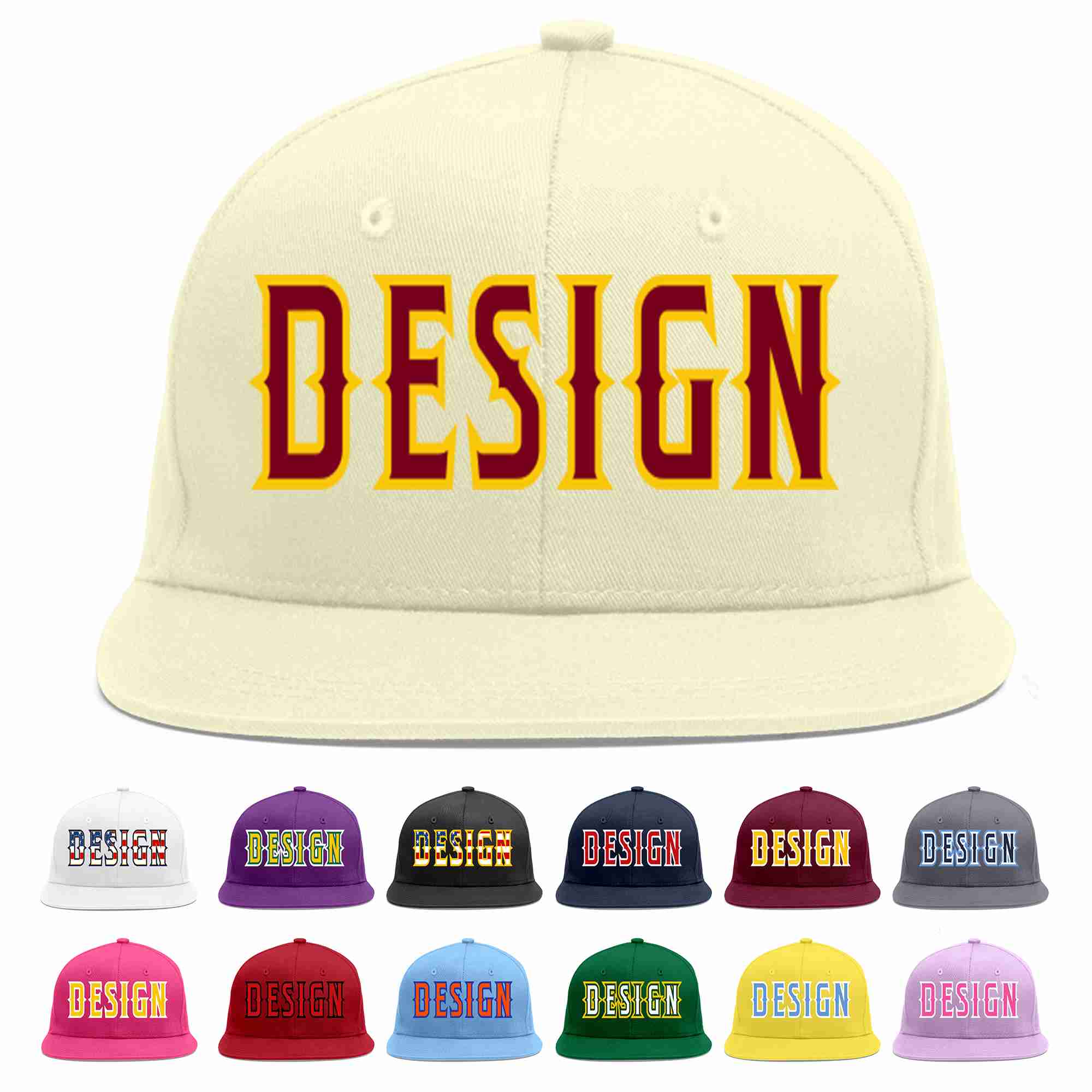 Custom Cream Crimson-Gold Flat Eaves Sport Baseball Cap Design for Men/Women/Youth