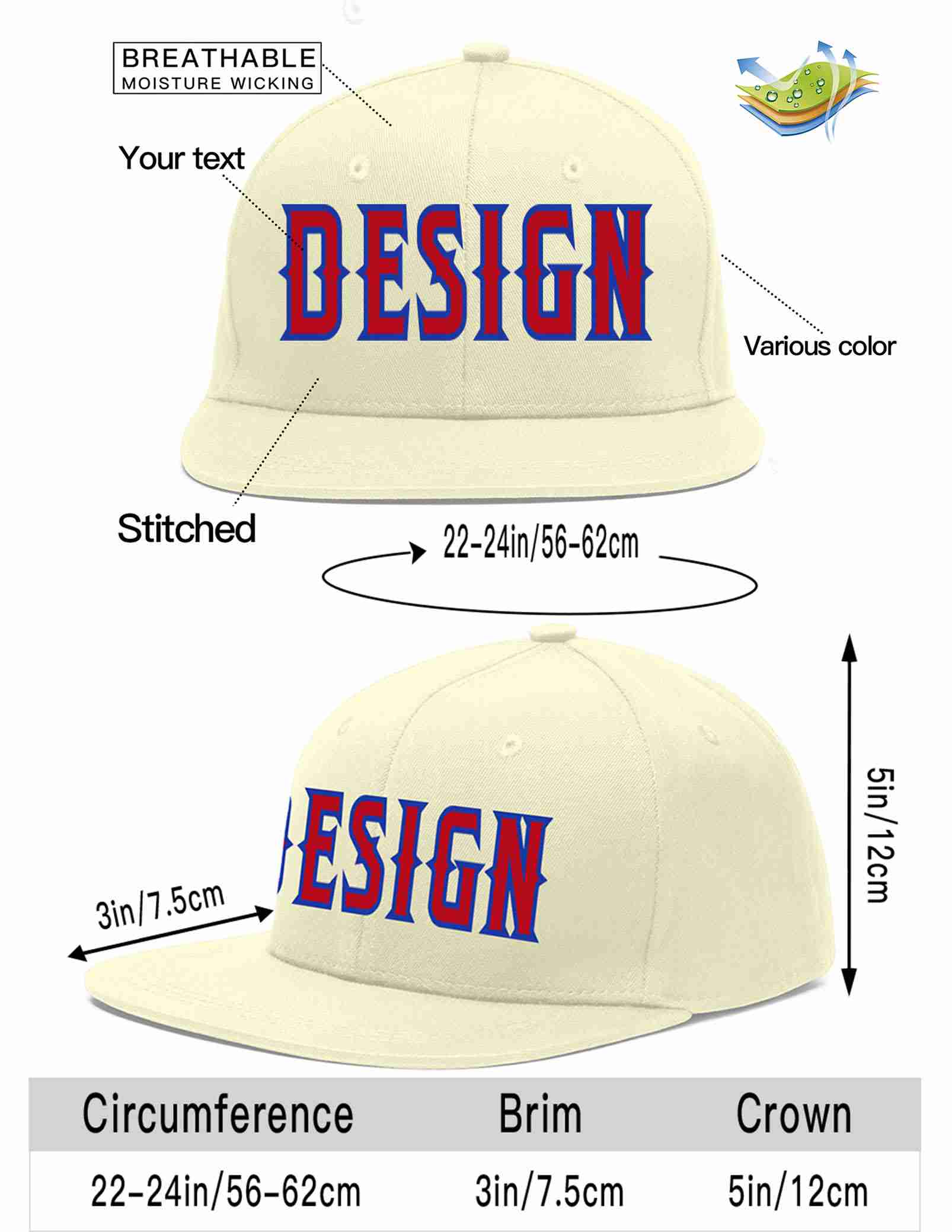 Custom Cream Red-Royal Flat Eaves Sport Baseball Cap Design for Men/Women/Youth