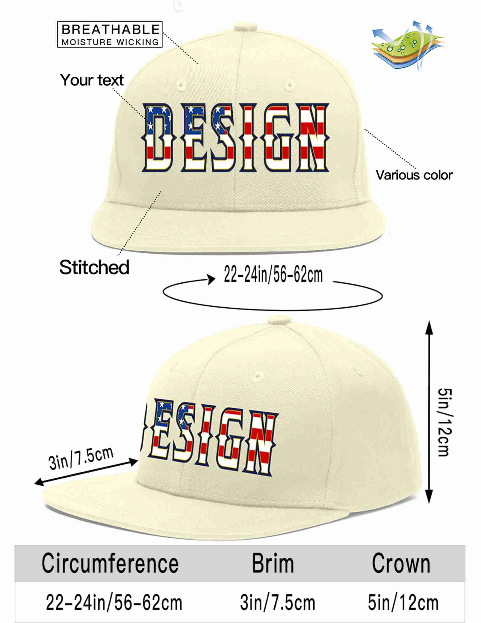 Custom Cream Vintage USA Flag-Gold Flat Eaves Sport Baseball Cap Design for Men/Women/Youth