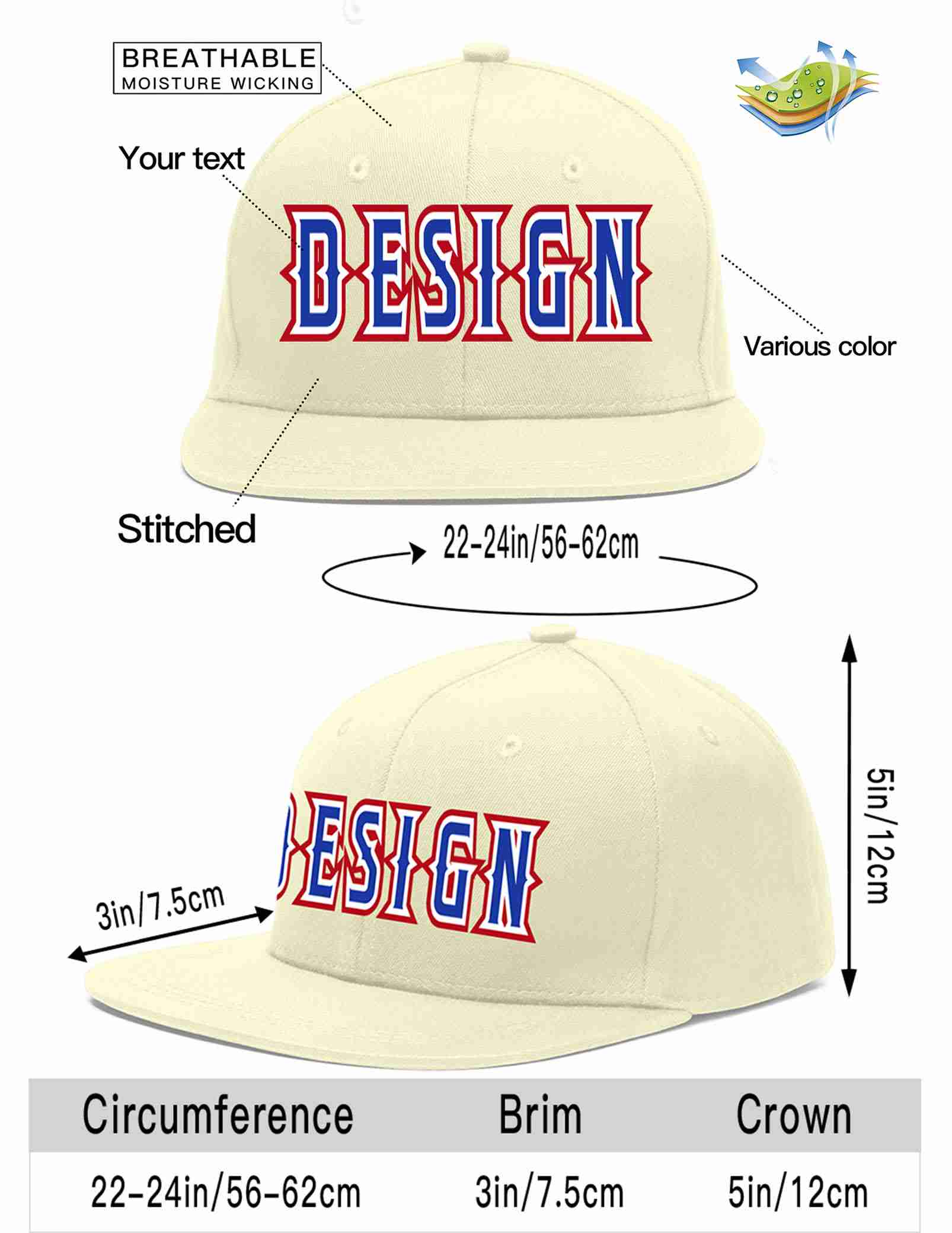 Custom Cream Royal-White Flat Eaves Sport Baseball Cap Design for Men/Women/Youth